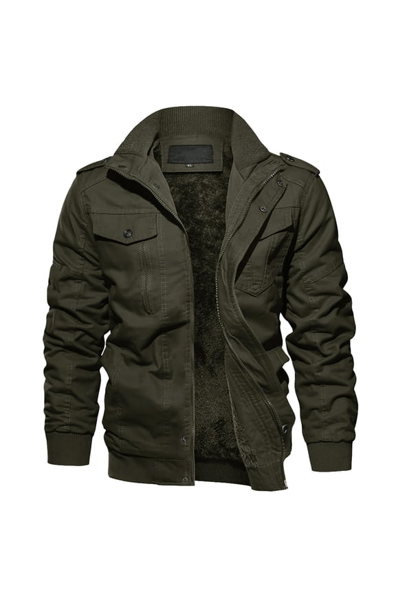 Men's Winter Bomber Jacket Fleece Lined Thick Cargo Coat Sherpa Trucker Military Jacket Field Stand Collar Zipper Outwear Jacket with Multi Pockets for Casual Work