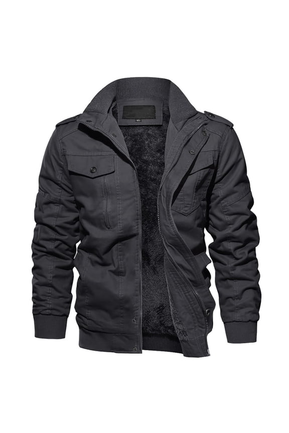 Men's Winter Fleece Lined Jacket Thick Sherpa Trucker Cargo Coat Field Zip Front Stand Collar Outwear with Multi Pockets for Casual Work, Dark Gray, S