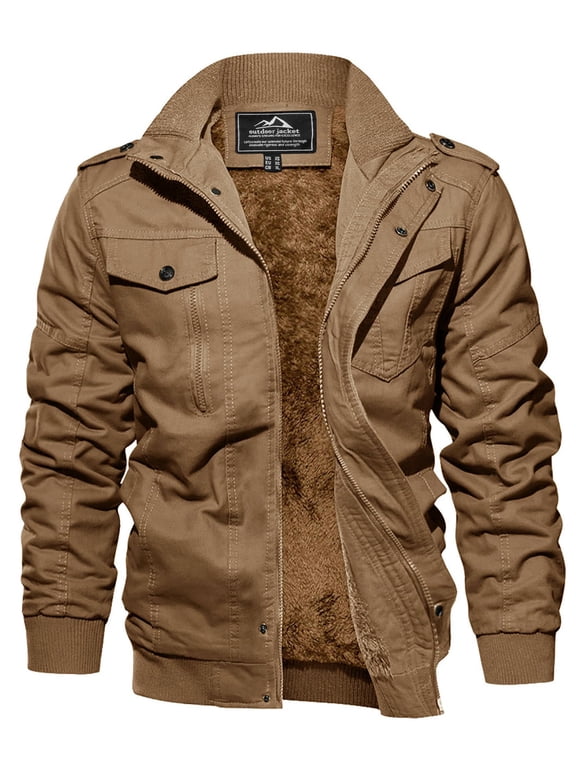 Men's Winter Fleece Lined Jacket Thick Sherpa Trucker Cargo Coat Field Zip Front Stand Collar Outwear with Multi Pockets for Casual Work Khaki L