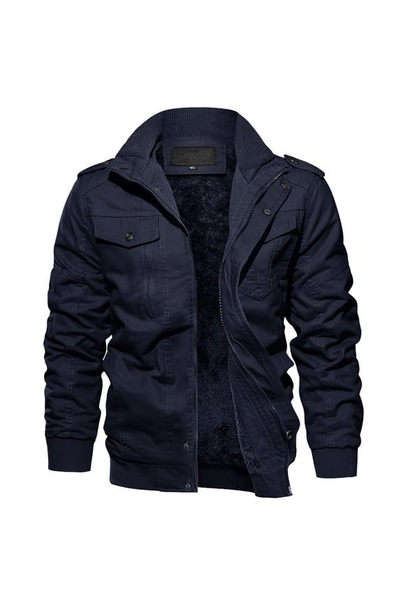 Men's Winter Bomber Jacket Fleece Lined Thick Cargo Coat Sherpa Trucker Military Jacket Field Stand Collar Zipper Outwear Jacket with Multi Pockets for Casual Work