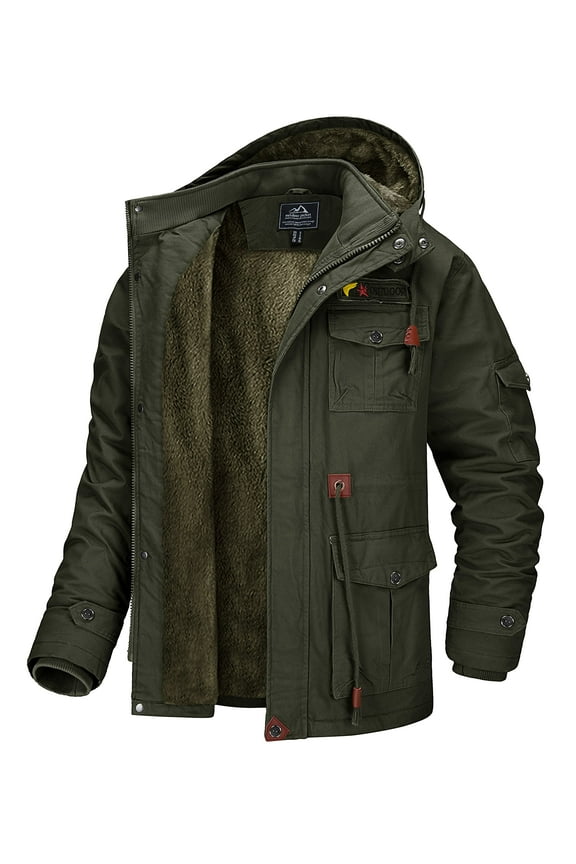 Men's Winter Coat Military Jacket Fleece Lined Parka Cotton Cargo Outerwear Army Green XL