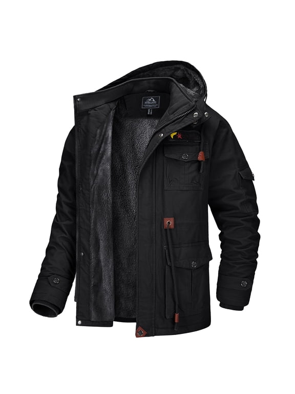 Men's Winter Coat Jacket Fleece Lined Parka Cotton Cargo Outerwear Black L