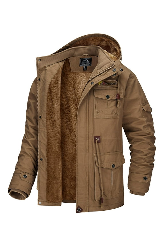 Men's Winter Coat Military Jacket Fleece Lined Parka Cotton Cargo Outerwear Khaki L
