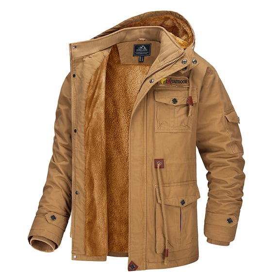 TACVASEN Men's Winter Coat Military Jacket Fleece Lined Parka Cotton Cargo Outerwear Khaki L