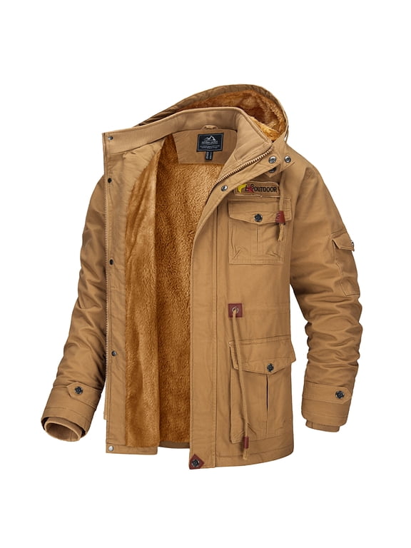 Men's Winter Coat Jacket Fleece Lined Parka Cotton Cargo Outerwear Khaki L