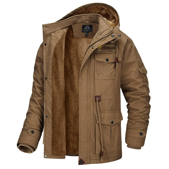 TACVASEN Men's Winter Coat Military Jacket Fleece Lined Parka Cotton Cargo Outerwear Khaki S