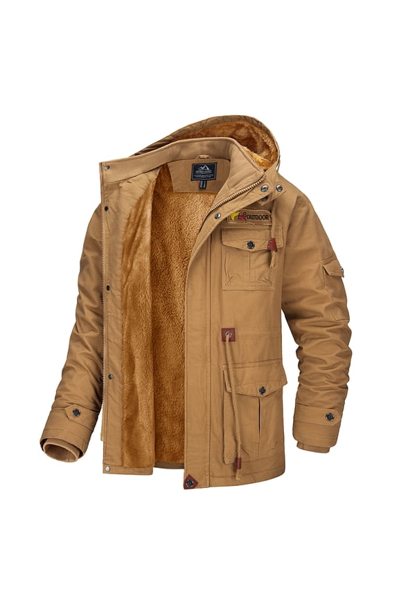 Men's Winter Coat Military Jacket Fleece Lined Parka Cotton Cargo Outerwear Khaki XL
