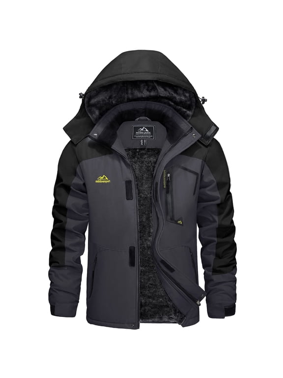 Men's Winter Waterproof Ski Jackets with Hooded Windproof Fleece Warm Snow Coat with Multi-Pockets For Hiking and Snowboarding ,Grey Black,XL