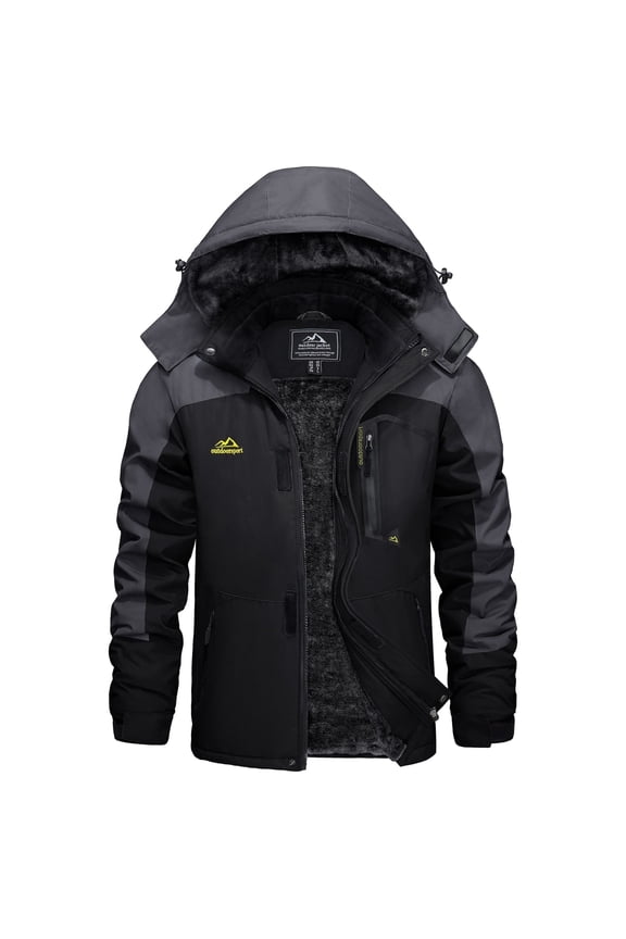 Men's Winter Waterproof Ski Jackets with Hooded Windproof Fleece Warm Snow Coat with Multi-Pockets For Hiking and Snowboarding ,Black Gray,L