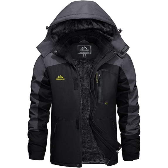 TACVASEN Men's Winter Waterproof Ski Jackets with Hooded Windproof Fleece Warm Snow Coat with Multi-Pockets For Hiking and Snowboarding ,Black Gray,XL
