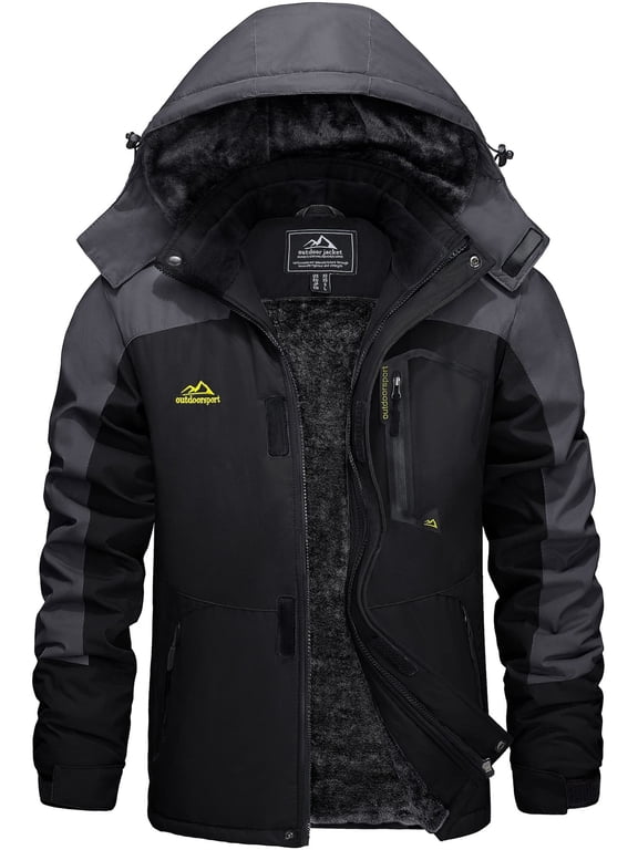 Men's Winter Waterproof Ski Jackets with Hooded Windproof Fleece Warm Snow Coat with Multi-Pockets For Hiking and Snowboarding ,Black Gray,XL