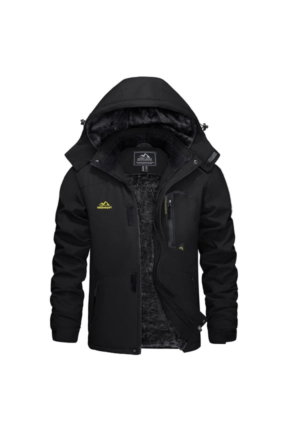 Men's Winter Waterproof Ski Jackets with Hooded Windproof Fleece Warm Snow Coat with Multi-Pockets For Hiking and Snowboarding ,Black,L