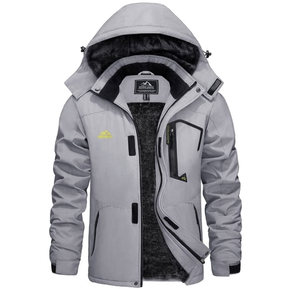 TACVASEN Men's Winter Waterproof Ski Jackets with Hooded Windproof Fleece Warm Snow Coat with Multi-Pockets For Hiking and Snowboarding ,Light Gray,2XL