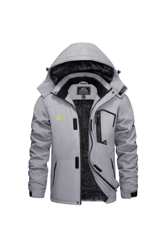 Men's Winter Waterproof Ski Jackets with Hooded Windproof Fleece Warm Snow Coat with Multi-Pockets For Hiking and Snowboarding ,Light Gray,2XL
