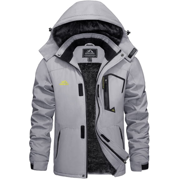 TACVASEN Men's Winter Waterproof Ski Jackets with Hooded Windproof Fleece Warm Snow Coat with Multi-Pockets For Hiking and Snowboarding ,Light Gray,M