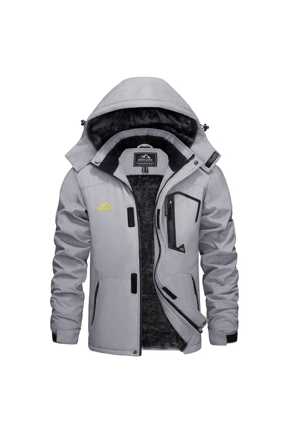 Men's Winter Waterproof Ski Jackets with Hooded Windproof Fleece Warm Snow Coat with Multi-Pockets For Hiking and Snowboarding ,Light Gray,XL
