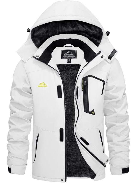 Men's Winter Waterproof Ski Jackets with Hooded Windproof Fleece Warm Snow Coat with Multi-Pockets For Hiking and Snowboarding ,White,M