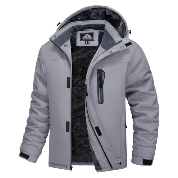 TACVASEN Men's Winter Jackets Ski Snow Waterproof with Hood Warm Fleece Hiking Fishing Coats Light Gray 2XL