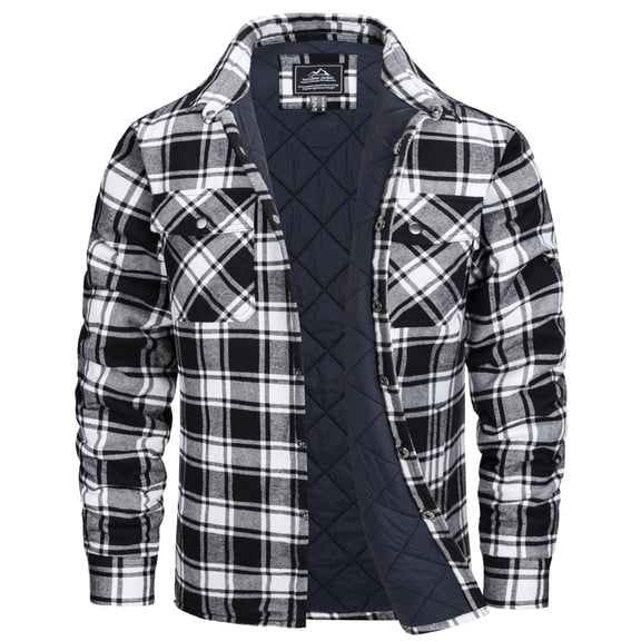 TACVASEN Men's Winter Quilted Lined Warm Coat Button Down Plaid Flannel Shirt Jacket Black S