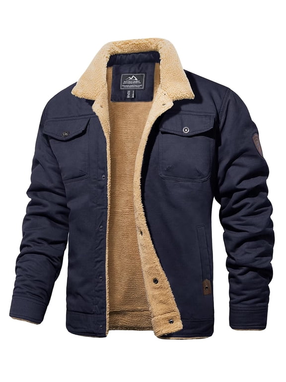 Men's Winter Sherpa Lined Jacket Warm Trucker Coat Multi Pocket Navy L