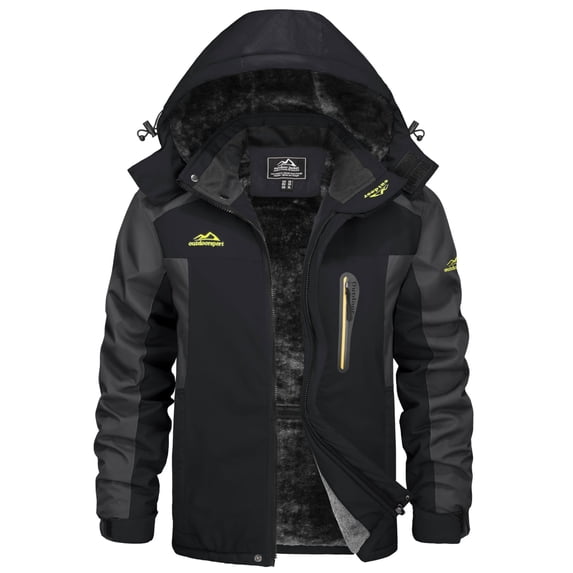 TACVASEN Men's Winter Ski Snow Jackets Heavyweight Waterproof Warm Fleece Hiking Coat with Hood Multi-Pockets Black Gray XL
