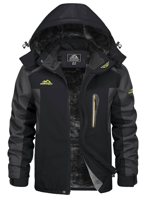Men's Winter Ski Snow Jackets Heavyweight Waterproof Warm Fleece Hiking Coat with Hood Multi-Pockets Black Gray XL