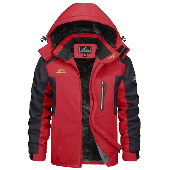 TACVASEN Men's Winter Ski Snow Jackets Heavyweight Waterproof Warm Fleece Hiking Coat with Hood Multi-Pockets Red XL
