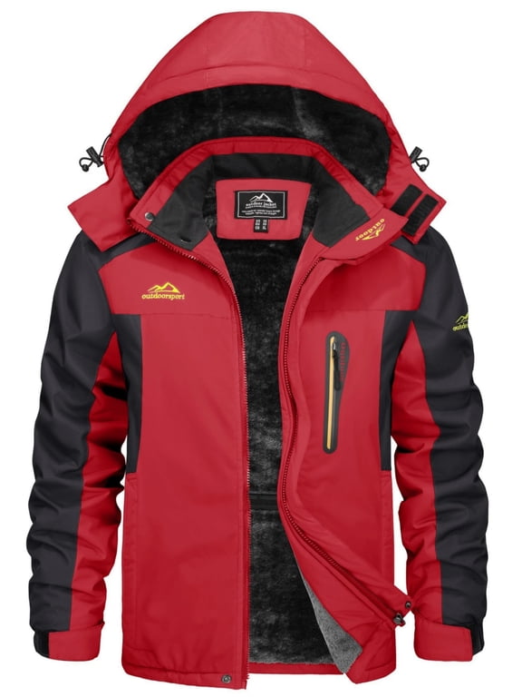 Men's Winter Ski Snow Jackets Heavyweight Waterproof Warm Fleece Hiking Coat with Hood Multi-Pockets Red XL