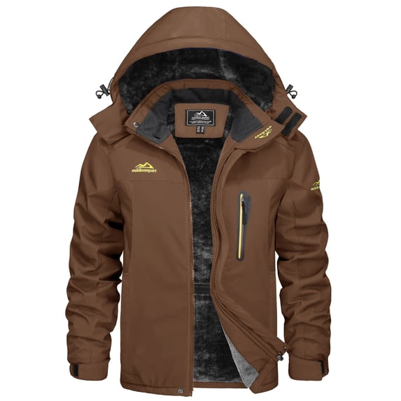 TACVASEN Men's Winter Ski Snow Jackets Heavyweight Waterproof Warm Fleece Hiking Coat with Hood Multi-Pockets Coffee XL