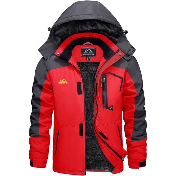 TACVASEN Men's Winter Waterproof Ski Jackets with Hooded Windproof Fleece Warm Snow Coat with Multi-Pockets For Hiking and Snowboarding Red XL