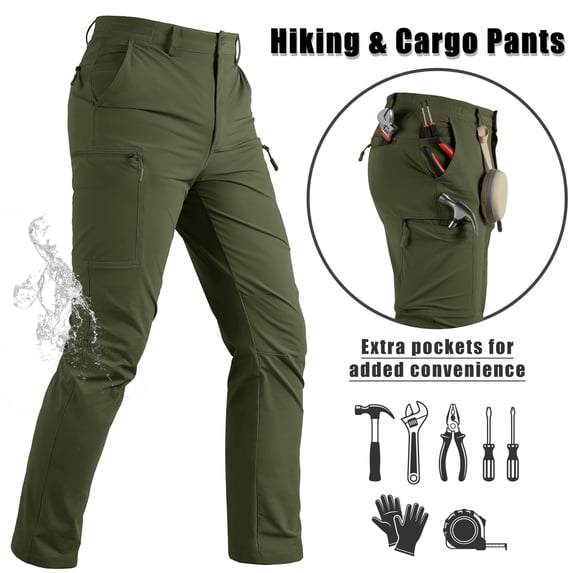 TACVASEN Men's Water Resistant Outdoor Hiking Pants Lightweight Quick Dry 6 Pockets Cargo Pants,Green,34