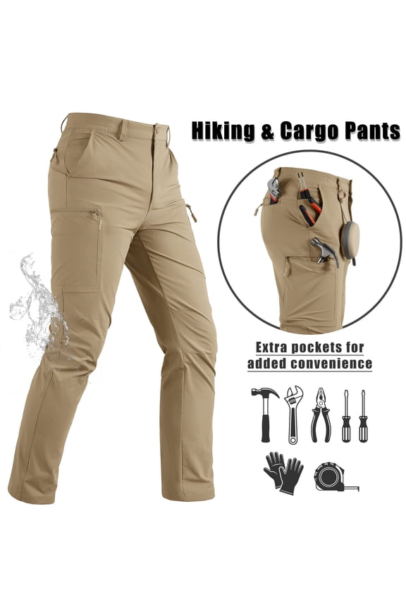 Men's Water Resistant Outdoor Hiking Pants Lightweight Quick Dry 6 Pockets Ripstop Stretch Cargo Pants,Khaki,32