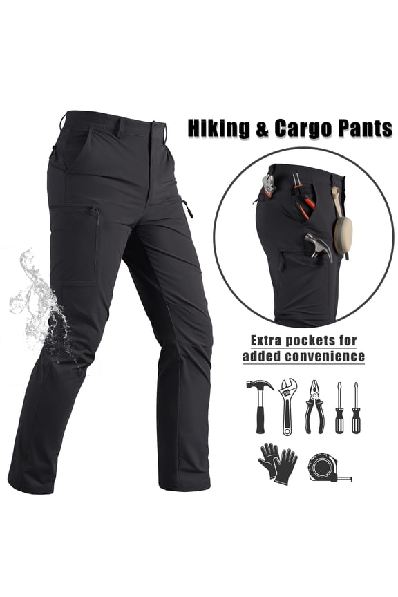 Men's Water Resistant Outdoor Hiking Pants Lightweight Quick Dry 6 Pockets Ripstop Stretch Cargo Pants,Black,32