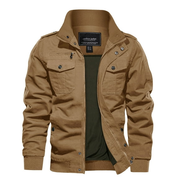 TACVASEN Mens Comfortable Cotton Jacket Outdoor Hiking Coat Autumn Jackt Khaki L