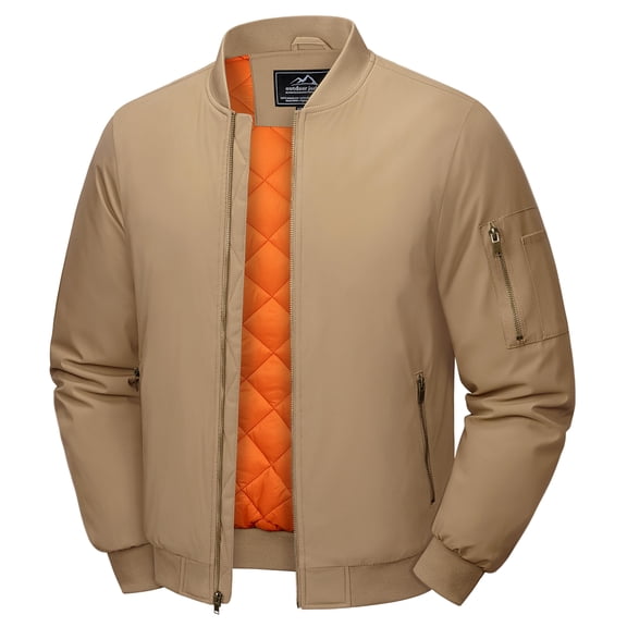 TACVASEN Mens Winter Windbreaker Casual Jacket Long Sleeves Classic Sports Work Coat Full Zip Padded Outwear, Khaki, M