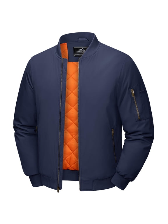 Mens Winter Windbreaker Casual Jacket Long Sleeves Classic Sports Work Coat Full Zip Padded Outwear, Navy, M