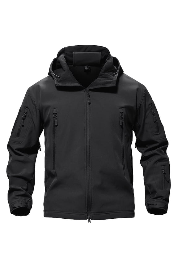 Mens Outdoor Soft Shell Hoodie Winter Fleece Jacket hooks and loops Coat Black 2XL