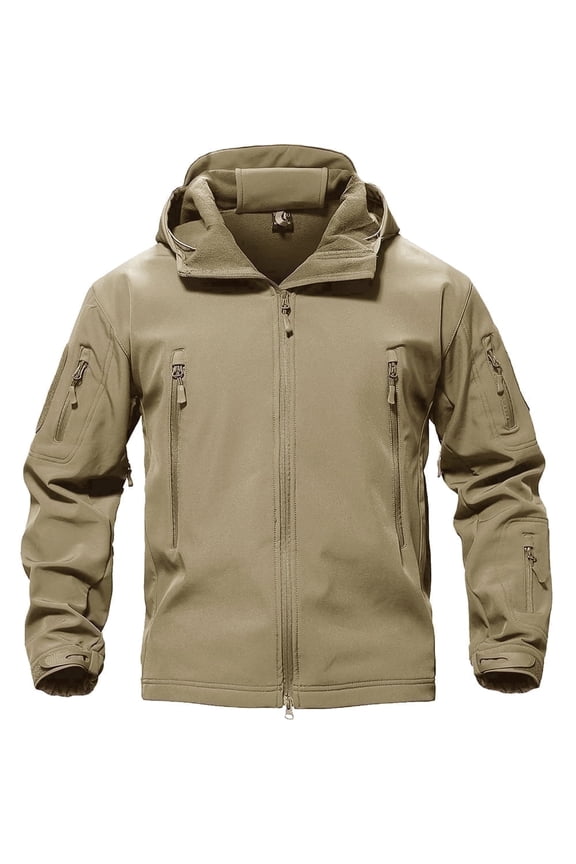Mens Water Resistant Soft Shell Jacket Winter hooks and loops Fleece Coat Khaki 2XL