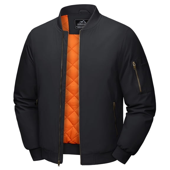 TACVASEN Mens Winter Windbreaker Casual Jacket Long Sleeves Classic Sports Work Coat Full Zip Padded Outwear, Black, L