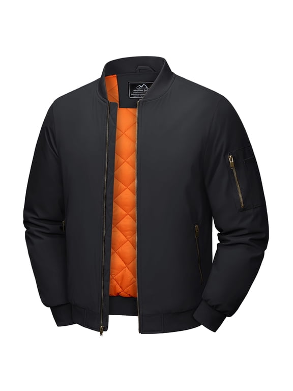 Mens Winter Windbreaker Casual Jacket Long Sleeves Classic Sports Work Coat Full Zip Padded Outwear, Black, L