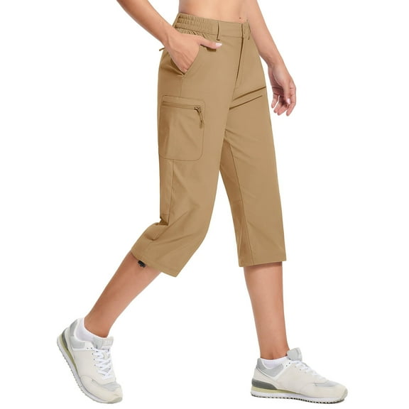 TACVASEN Women's Capris Lightweight Quick-Dry Water Resistant Hiking Pants,Khaki,S