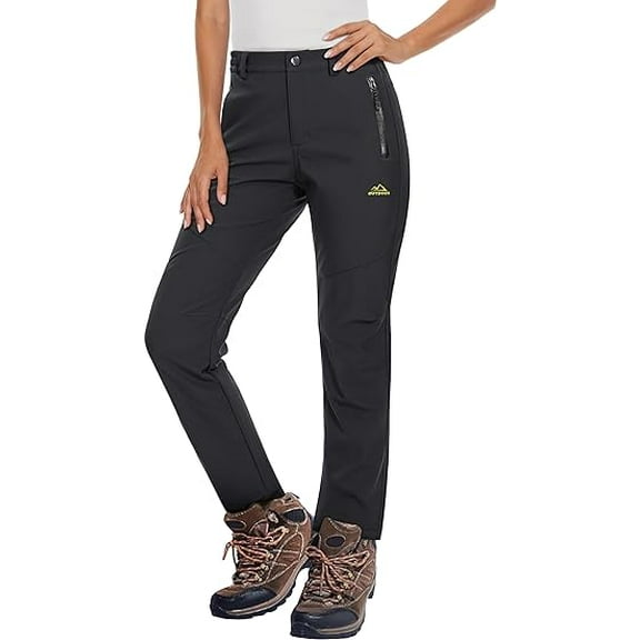 TACVASEN Women's Fleece Lined Hiking Ski Pants Waterproof Insulated Softshell Pants Outdoor Insulated Warm Pants Black M