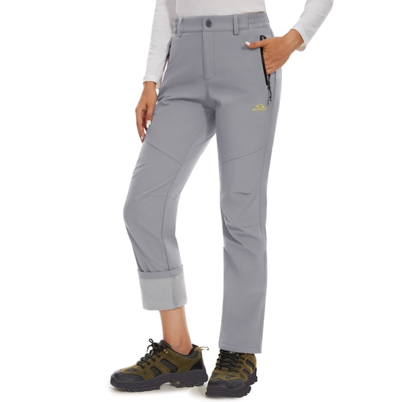 TACVASEN Women's Fleece Lined Hiking Ski Pants Waterproof Insulated Softshell Pants Outdoor Insulated Warm Pants Light Gray L