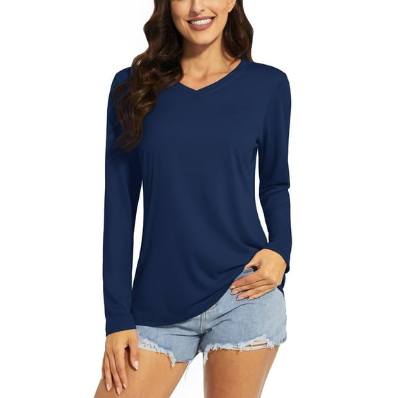 TACVASEN Women's Long Sleeve V Neck UPF 50 UV Sun Shirt Hiking Workout T-Shirts,Navy,XL