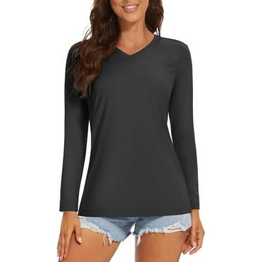 TACVASEN Women's UPF 50+ Sun Protection Long Sleeve Shirts V-Neck Quick Dry Workout Hiking Running Tops Black M