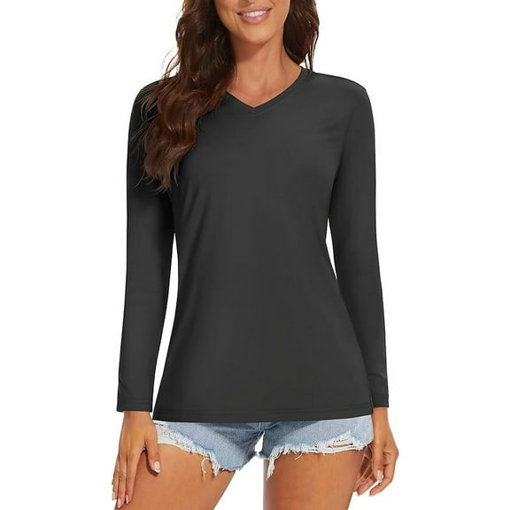 TACVASEN Women's UPF 50+ Sun Protection Long Sleeve Shirts V-Neck Quick Dry Workout Hiking Running Tops Black M
