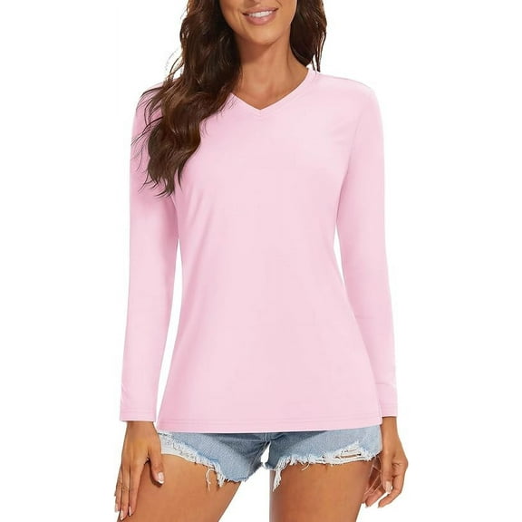 TACVASEN Women's UPF 50+ Sun Protection Long Sleeve Shirts V-Neck Quick Dry Workout Hiking Running Tops Light Pink M