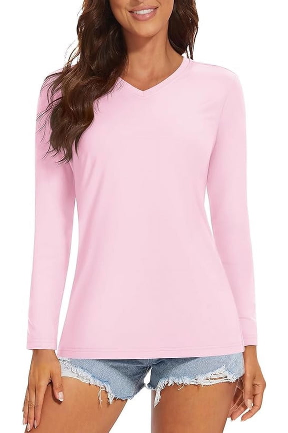 Women's UPF 50+ Sun Protection Long Sleeve Shirts V-Neck Quick Dry Workout Hiking Running Tops Light Pink M