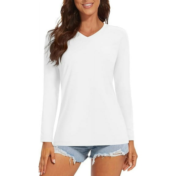 TACVASEN Women's UPF 50+ Sun Protection Long Sleeve Shirts V-Neck Quick Dry Workout Hiking Running Tops White M