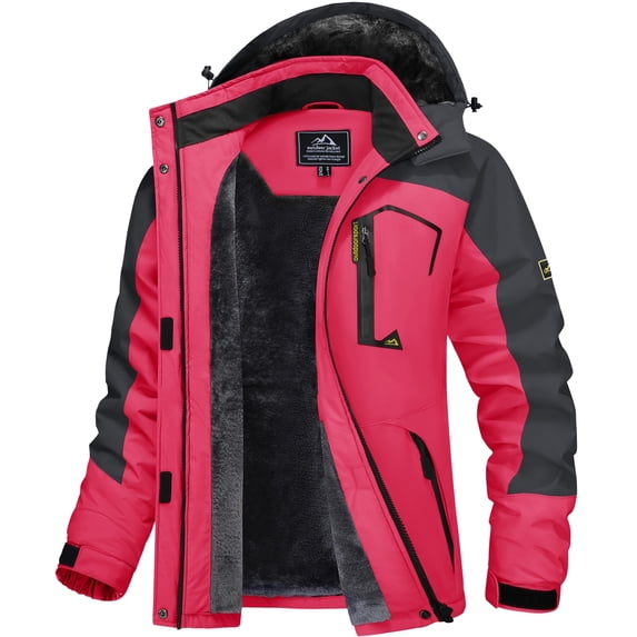 TACVASEN Women's Winter Waterproof Windproof Snow Ski Jackets Warm Thermal Fleece Thick Hooded Coat with Multi-Pockets for Outdoor Hiking Snowboarding Rose Grey 2XL